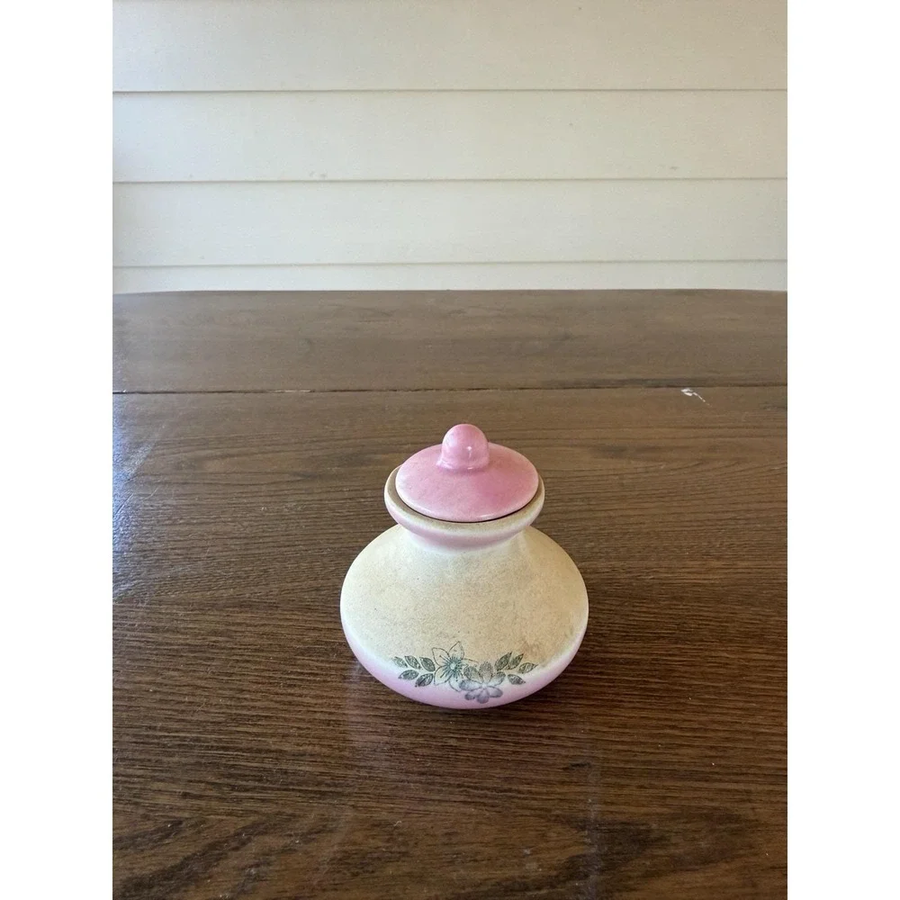 Vintage Mid Century Matte Ceramic Lidded Jar Pink Ivory Floral Trinket Pot
